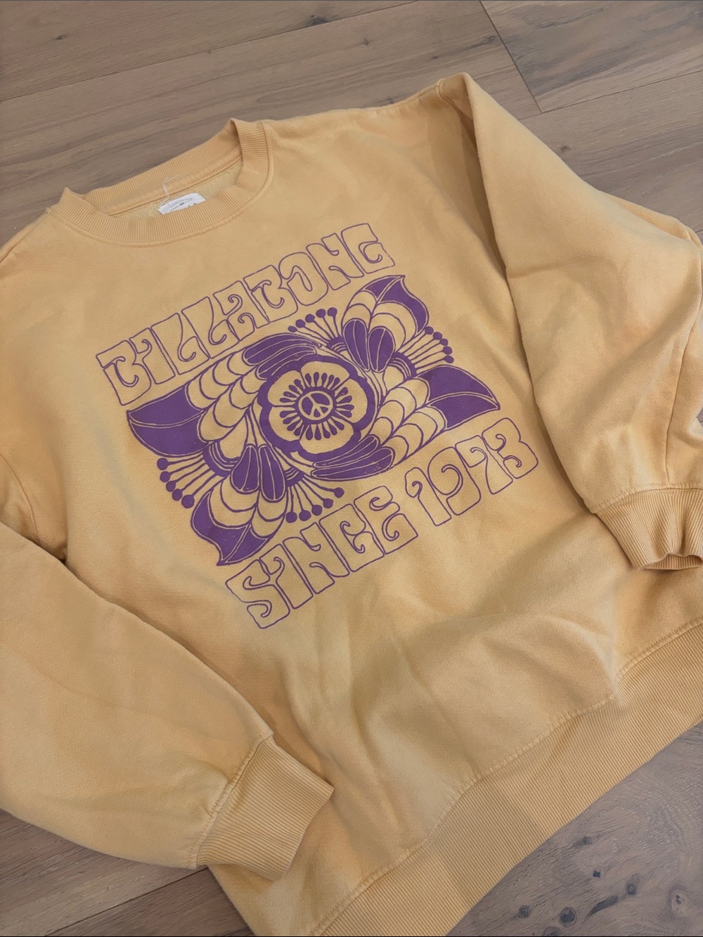 Billabong Graphic Yellow Crewneck Sweatshirt with Purple Floral Print